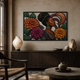 Afro Woman with Colorful Dahlias and Copper Circles Metal Wall Art