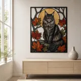 Maine Coon Cat with Autumn Leaves and Moon Colorful Metal Wall Art