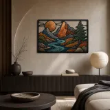 Mid Century Mountain River beneath Copper Moon Colorful Metal Wall Art