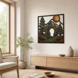 Mid Century Mountain Forest with Full Moon Colorful Metal Wall Art