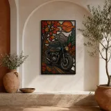 Classic Motorcycle on Autumn Mountain Road Colorful Metal Wall Art