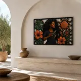 Black Woman Hairstylist with Hibiscus and Monstera Colorful Metal Wall Art