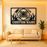 Personalized Firefighter Helmet Metal Wall Art with Flames