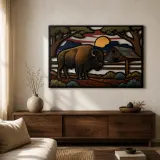 Bison accanto a un Fienile Rustico al Tramonto Insegna in Metallo Colorata