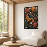 Koi Fish with Lotus Flowers and Copper Sun Colorful Metal Wall Art
