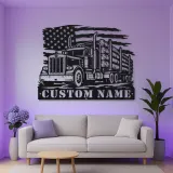 Personalized Logging Semi Truck Metal Wall Art with American Flag