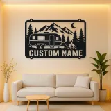 Personalized Camper Trailer Metal Wall Art with Mountain Camp