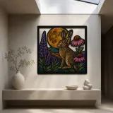 Rabbit with Coneflowers beneath Full Moon Colorful Metal Wall Art