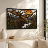 Moose by Mountain Lake at Sunset Colorful Metal Wall Art