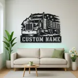 Personalized Logging Semi Truck Patriotic Mountain Metal Wall Art