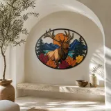Bull Elk in Autumn Mountains and Pine Forest Colorful Metal Wall Art