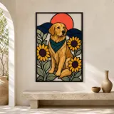 Golden Retriever with Sunflowers and Red Sun Colorful Metal Wall Art