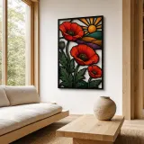 Red Poppies over Rolling Hills at Sunrise Colorful Metal Wall Art