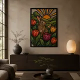 Spring Rabbit among Colorful Tulips at Sunrise Metal Wall Art