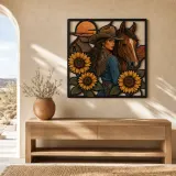 Cowgirl with Horse Sunflowers and Western Barn Colorful Metal Wall Art