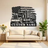 Personalized Logging Semi Truck Metal Wall Art with American Flag