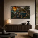 Vintage Roadster on Tropical Coastal Road Colorful Metal Wall Art