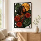 Afro Woman with Dahlias and Full Moon Colorful Metal Wall Art