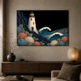 Coastal Lighthouse with Hydrangeas and Ocean Waves Colorful Metal Wall Art
