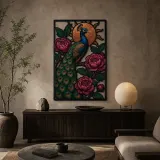 Peacock with Pink Peonies and Copper Sun Colorful Metal Wall Art