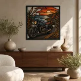 Moto Cafe Racer su Strada Costiera al Tramonto Insegna in Metallo Colorata