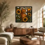 Oranger Tabby-Katze mit Sonnenblumen am Bauernhof Farbige Metall-Wandkunst