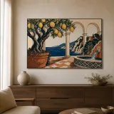 Mediterraner Zitronenhof mit Meerblick - Bunte Metall-Wandkunst