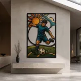 Soccer Player Kicking Ball beneath Radiant Sun Colorful Metal Wall Art