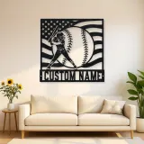 Personalized Softball Player and American Flag Metal Wall Art