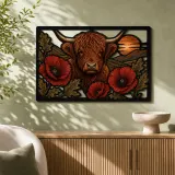 Highland Cow with Red Poppies and Oak Leaves Colorful Metal Wall Art