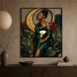 Elegant Black Woman in Green Dress with Calla Lilies Colorful Metal Wall Art