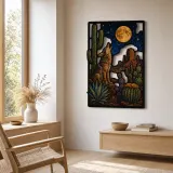 Coyote Howling beneath Full Moon in Desert Colorful Metal Wall Art