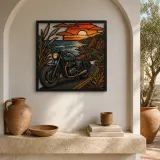 Cafe Racer Motorcycle on Coastal Road at Sunset Colorful Metal Wall Art