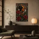Afro Woman with Red Roses in Art Deco Frame Colorful Metal Wall Decor