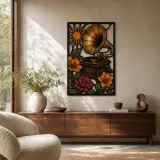 Vintage Grammophon mit bunten Blumen und Sonne - Buntes Metallschild