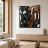 Black Saxophone Player in Art Deco Jazz Scene Colorful Metal Wall Decor