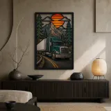 Green Semi Truck on Mountain Highway Colorful Metal Wall Art