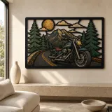 Cruiser Motorcycle on Mountain Road under Full Moon Colorful Metal Wall Art