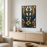 Angel Wings around Cross with White Lilies Colorful Metal Wall Art