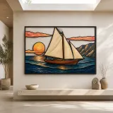 Sailboat on Mountain Lake at Sunset Colorful Metal Wall Art