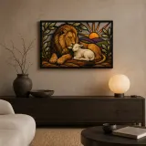Lion and Lamb Resting Together at Sunrise Colorful Metal Wall Art