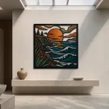 Mid Century Coastal Cliffs with Ocean Sunset Colorful Metal Wall Art