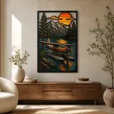 Vintage Wasserflugzeug auf Bergsee bei Sonnenuntergang Farbige Metall-Wandkunst