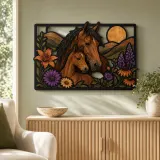 Mare and Foal with Colorful Wildflowers Metal Wall Art