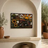 Vintage Farm Tractor with Sunflowers at Sunrise Colorful Metal Wall Art