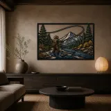 Fly Fisherman Casting in Mountain River Colorful Metal Wall Art