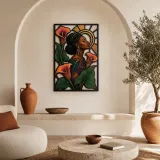 Afro Woman with Calla Lilies and Golden Halo Colorful Metal Wall Art
