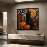 Black Cat with Pumpkins and Autumn Leaves Colorful Metal Wall Art