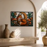 Red Fox with Mushrooms and Crescent Moon Colorful Metal Wall Art