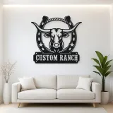 Personalized Longhorn Ranch Metal Wall Art with Horseshoe Frame